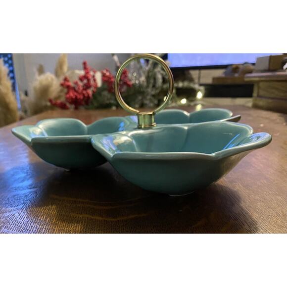 Vintage Teal Blue California Pottery 502 Divided Flower Dish Center Gold Handle - Picture 3 of 5